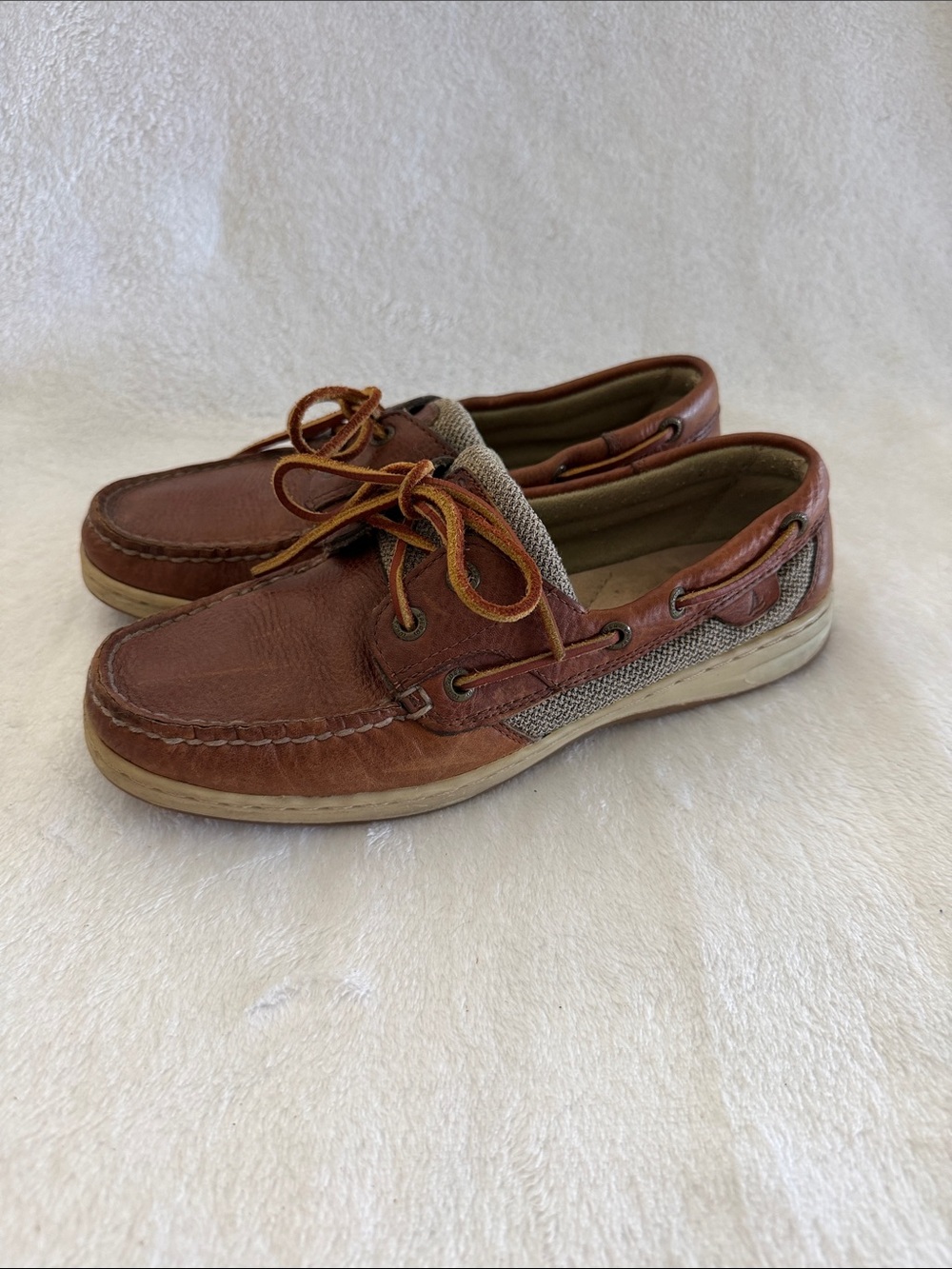Sperry Cognac Leather & Tan Fabric Boat Shoes